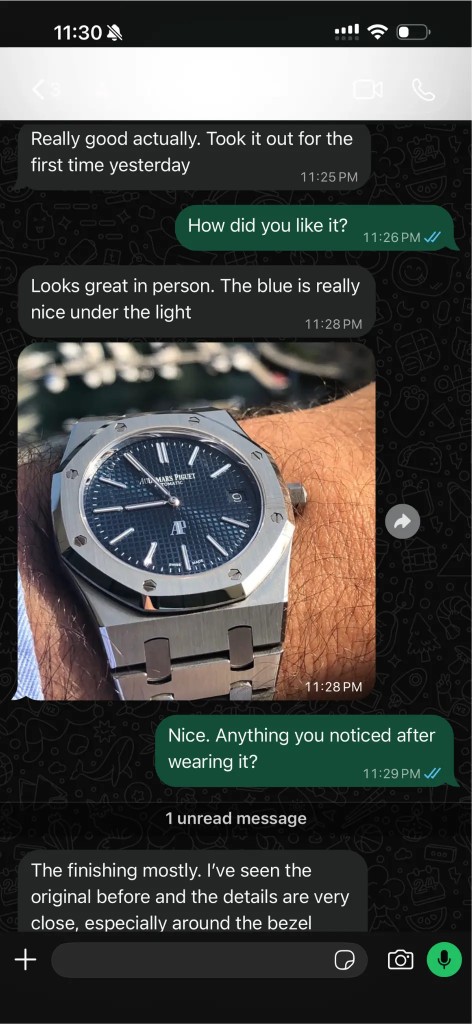 Customer review and wrist photo of a blue dial Royal Oak Jumbo replica