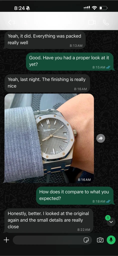 Customer review and wrist photo of a grey dial Audemars Piguet Royal Oak replica