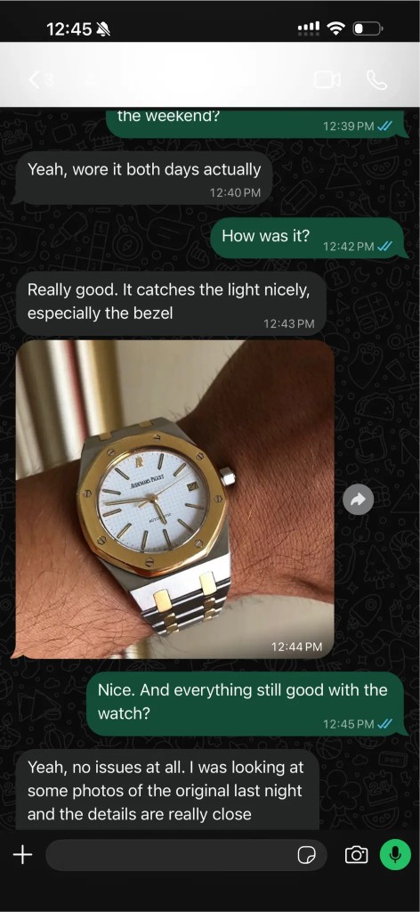 Customer review and wrist photo of a two-tone Royal Oak replica with gold bezel