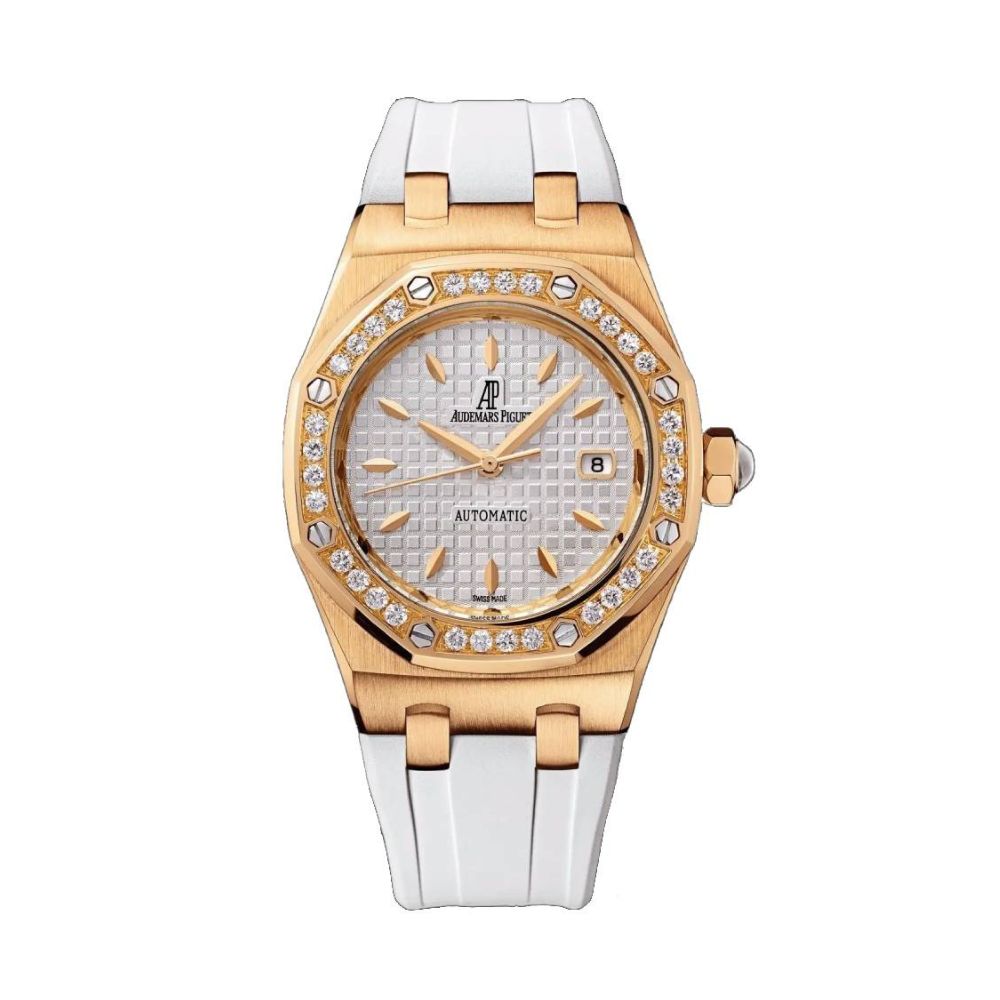 Audemars Piguet Ladies Royal Oak replica watches in rose gold with diamond AP replica bezel, white tapisserie automatic dial, and white rubber strap
