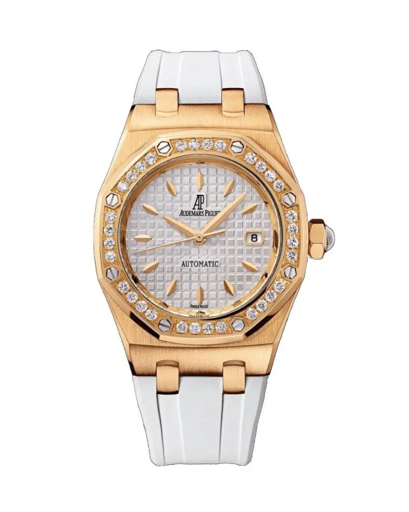 Audemars Piguet Ladies Royal Oak replica watches in rose gold with diamond AP replica bezel, white tapisserie automatic dial, and white rubber strap