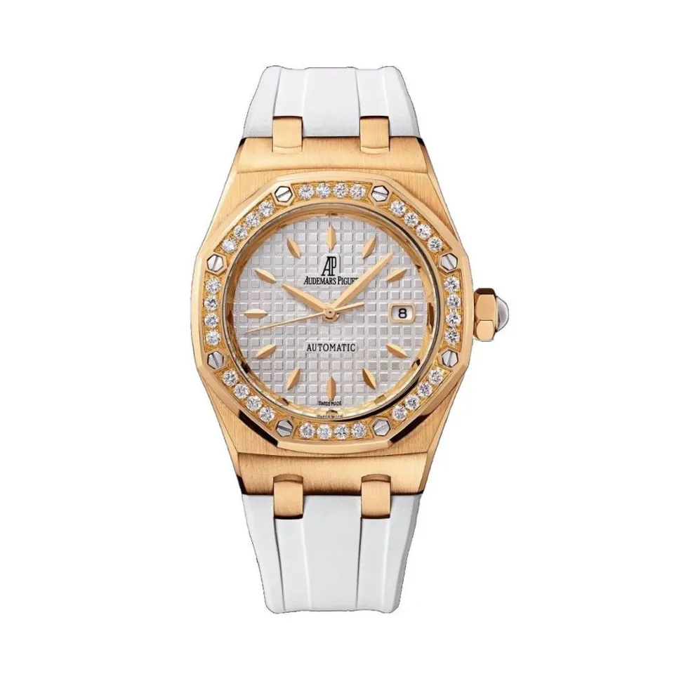 Audemars Piguet Ladies Royal Oak replica watches in rose gold with diamond AP replica bezel, white tapisserie automatic dial, and white rubber strap
