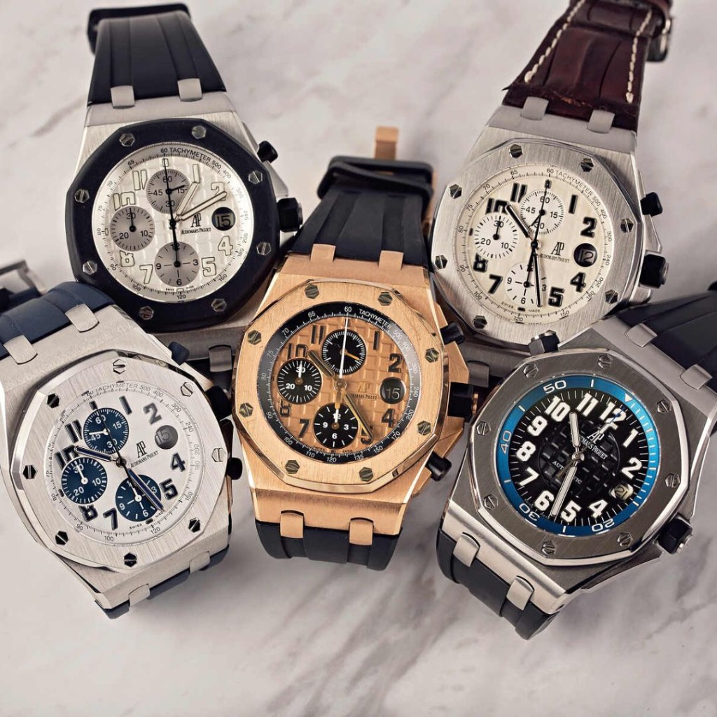 An Audemars Piguet Royal Oak on a wrist, showing the octagonal bezel and tapisserie dial