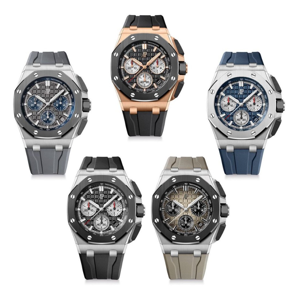 An AP Royal Oak Offshore replica with chronograph pushers and rubber strap