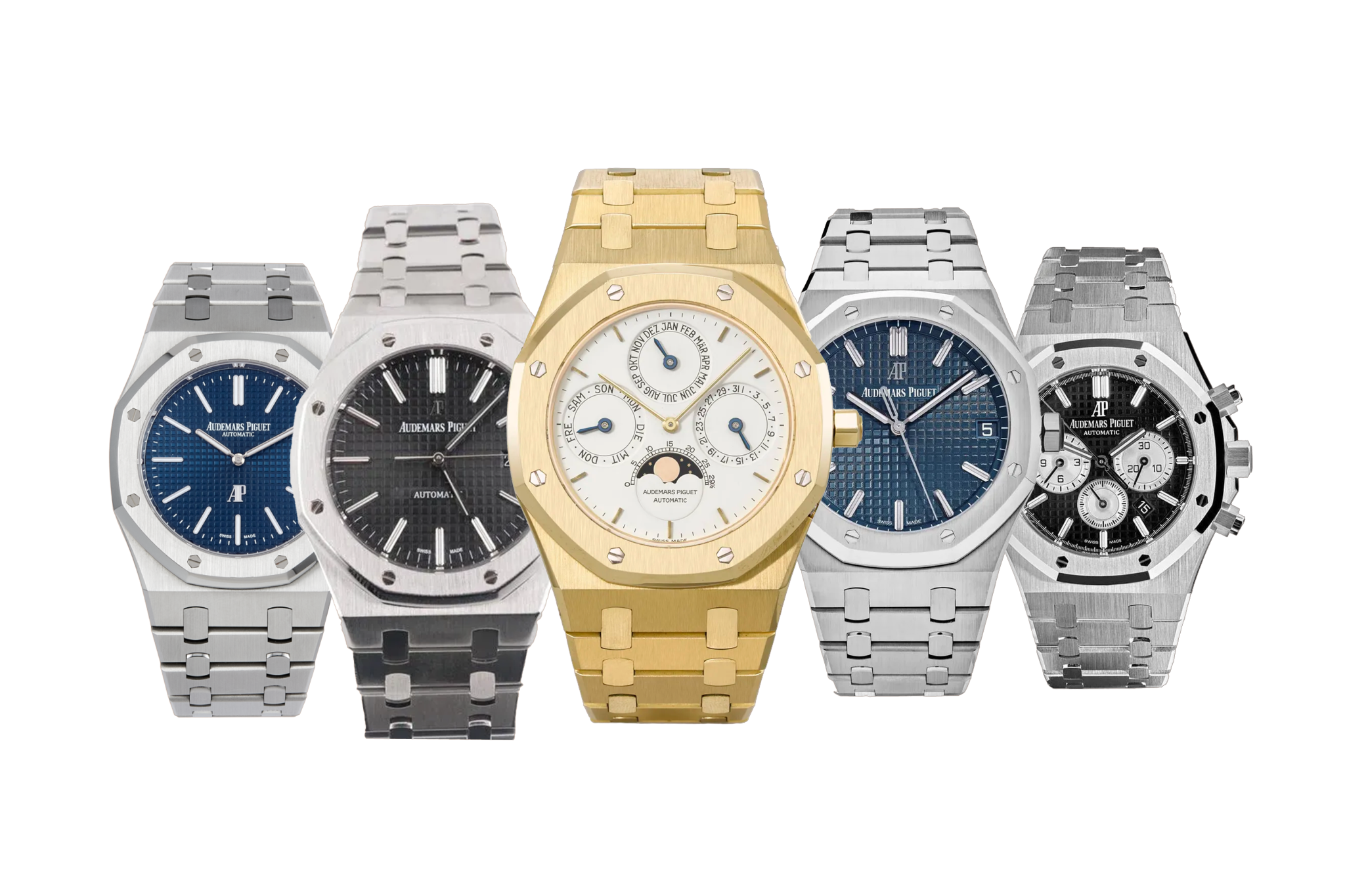 Audemars Piguet Royal Oak replica watches in steel and yellow gold with blue, black, and white dials